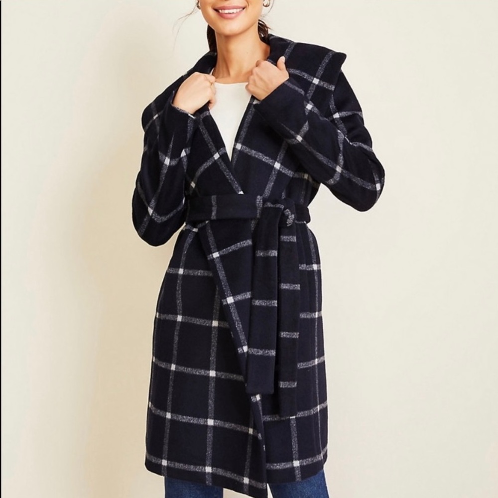 NWT! Ann Taylor Windowpane Shawl Collar Wrap Coat